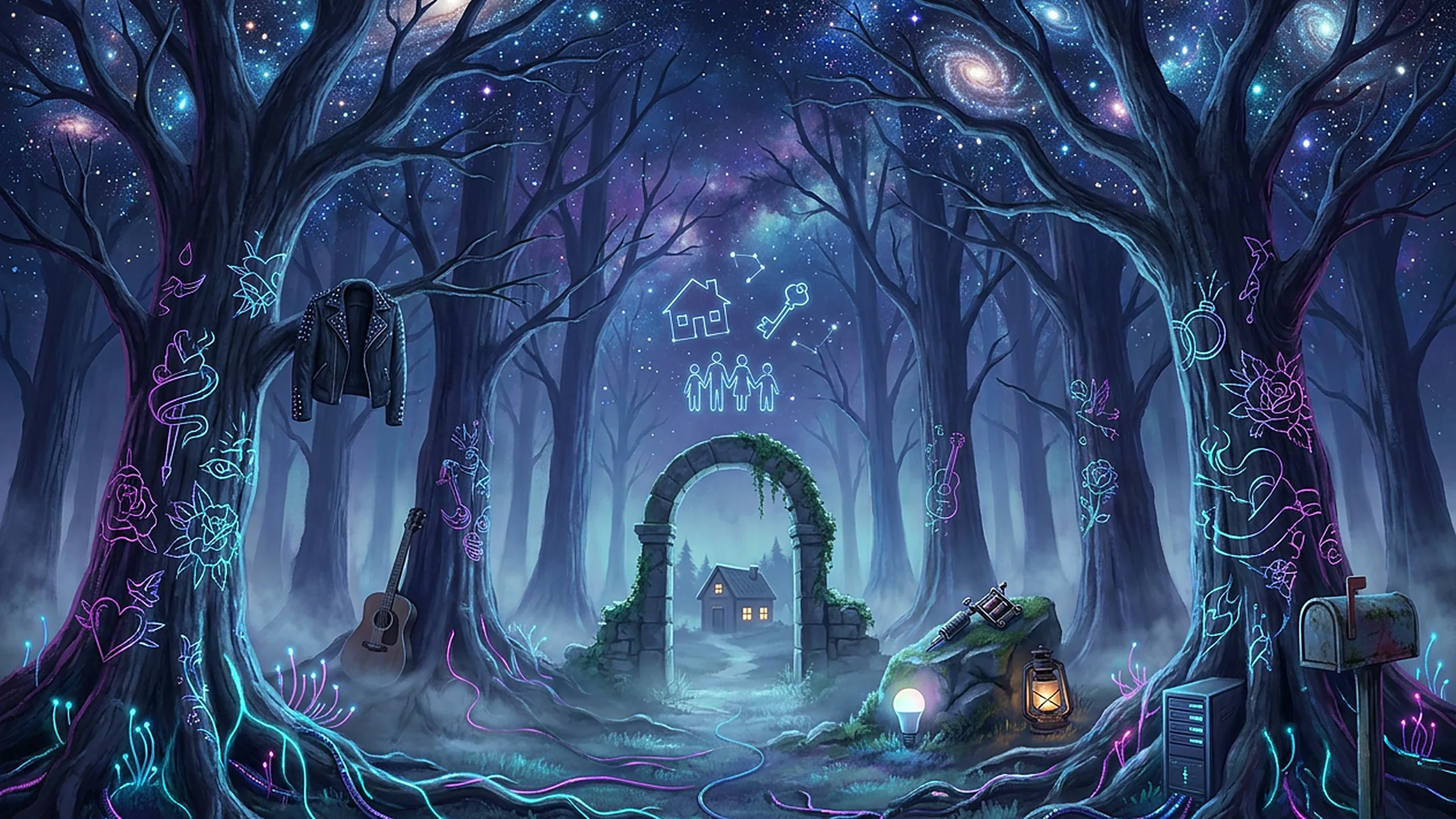 Ein mystischer Wald bei Nacht. Zwei mächtige alte Bäume rahmen das Bild ein, ihre kahlen Kronen verschmelzen mit einem Sternenhimmel voller funkelnder Sterne und Galaxien. Auf den Stämmen leuchten Tattoo-Motive in Neon: Rosen, Herzen, Schwalben, eine Schlange. In der Mitte führt ein Weg durch einen moosbewachsenen Steinbogen zu einem kleinen Haus mit warmem Licht. Darüber bilden Sterne ein Haus, einen Schlüssel und vier Menschen, die sich an den Händen halten. Im Wald verstecken sich eine Nietenlederjacke, eine Gitarre, eine Tätowiermaschine, eine Laterne, eine Glühbirne, ein Server und ein Briefkasten. Die Wurzeln sind leuchtende Kabel, durch die Licht pulsiert.